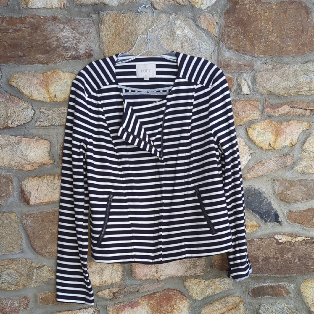 LOFT 100% Cotton Navy And White Striped Moto Blazer